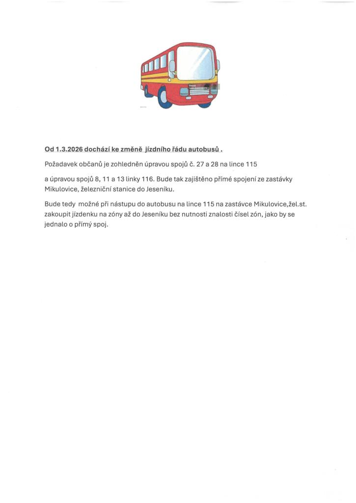 Změna jízdního řádu autobusů od&nbsp;1.3.2026
